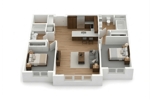 Floor plan for 2 beds, 2 baths, 906 sqft